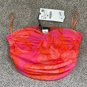 Zara tropical floral mesh tulle ruched crop tube top NWT Small pink 5039 603